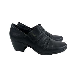 Clarks Emily Cove Pump Black Leather Slip On Low Heel Ruched Round Womens 9.5